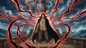 Shanks a libertar o seu poderoso Haki do Conquistador com relâmpagos negros e vermelhos nos céus de Wano. Blog SekaiHub