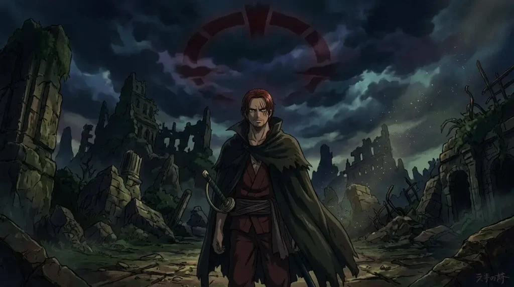 Ilustração de Shanks envolto em mistério, com sombras e a ilha de God Valley destruída ao fundo, a representar a sua origem. Blog SekaiHub